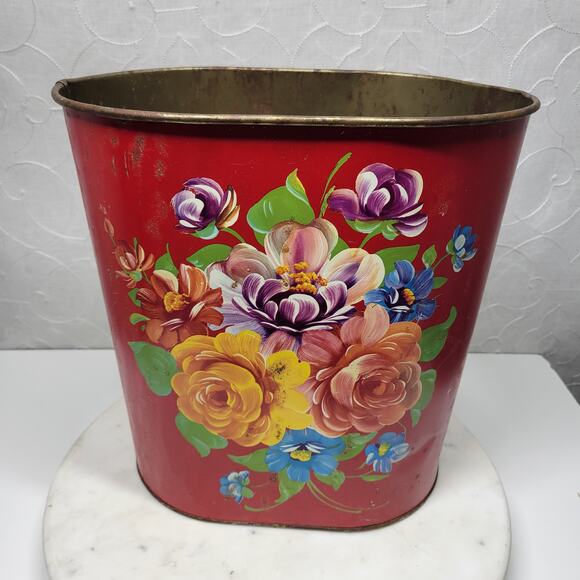 VTG Harvell Tolled Metal Trash Can 12" Red Floral Painted Oval MCM Wastebasket - Picture 4 of 16